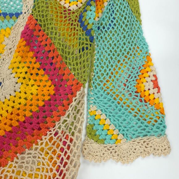 BOSTON PROPER Vibrant Crochet Duster Knit 70s Grandma Boho Hippie Artsy Festival - Picture 7 of 11